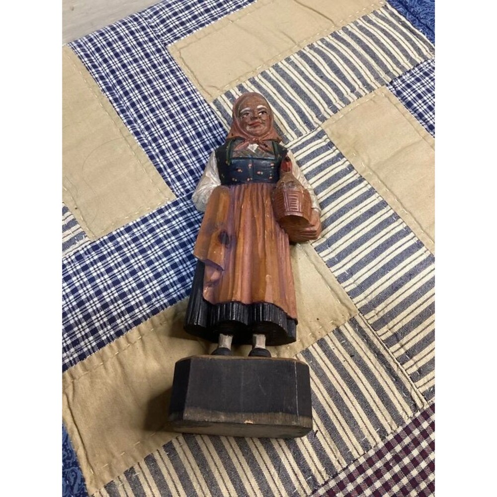 Charming Folk Art Wooden Hand Craved Bavarian Woman with a Chicken